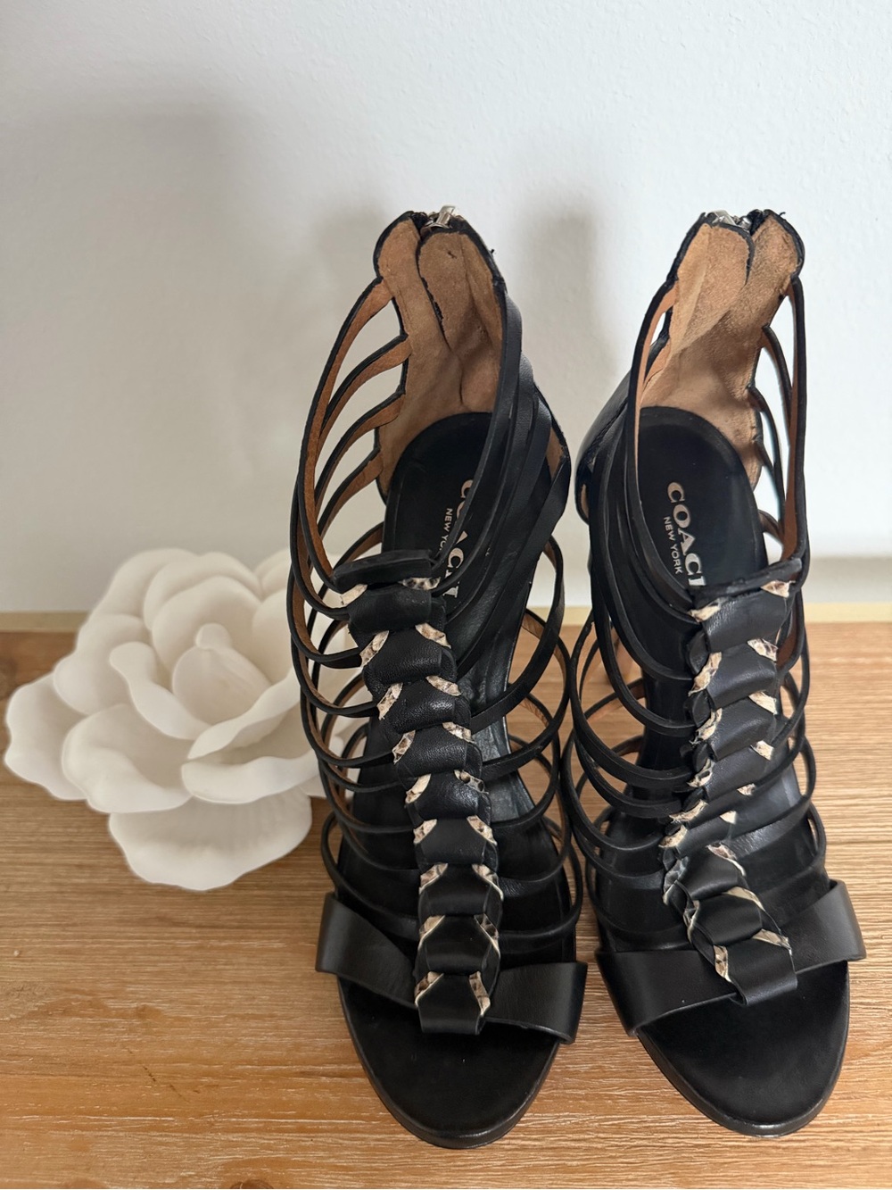 COACH Black Strappy Gladiator Heels with Beige Accents